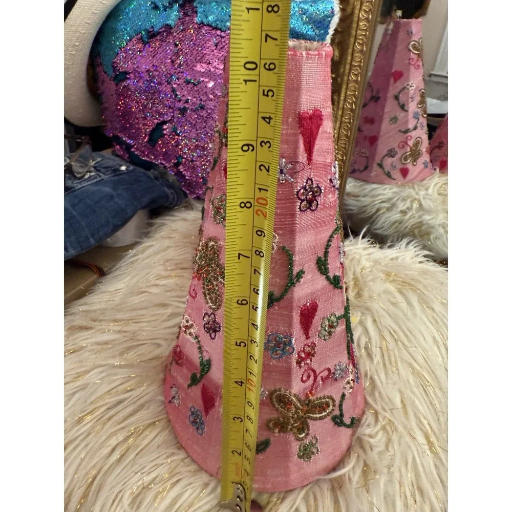 Pair Pink Fabric Clip-On Conical Bell Lamp Shade Embroidered Butterflies Hearts